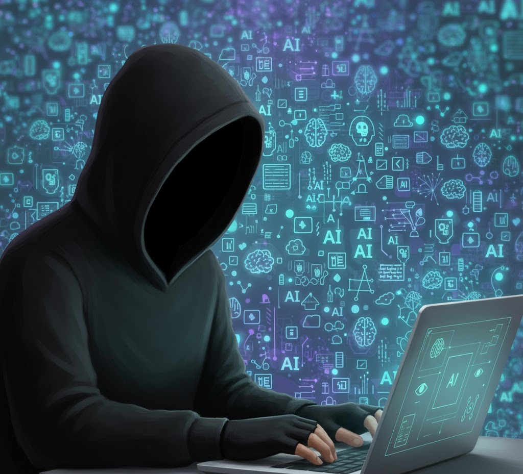 A hacker in a hoodie with AI symbols in the background