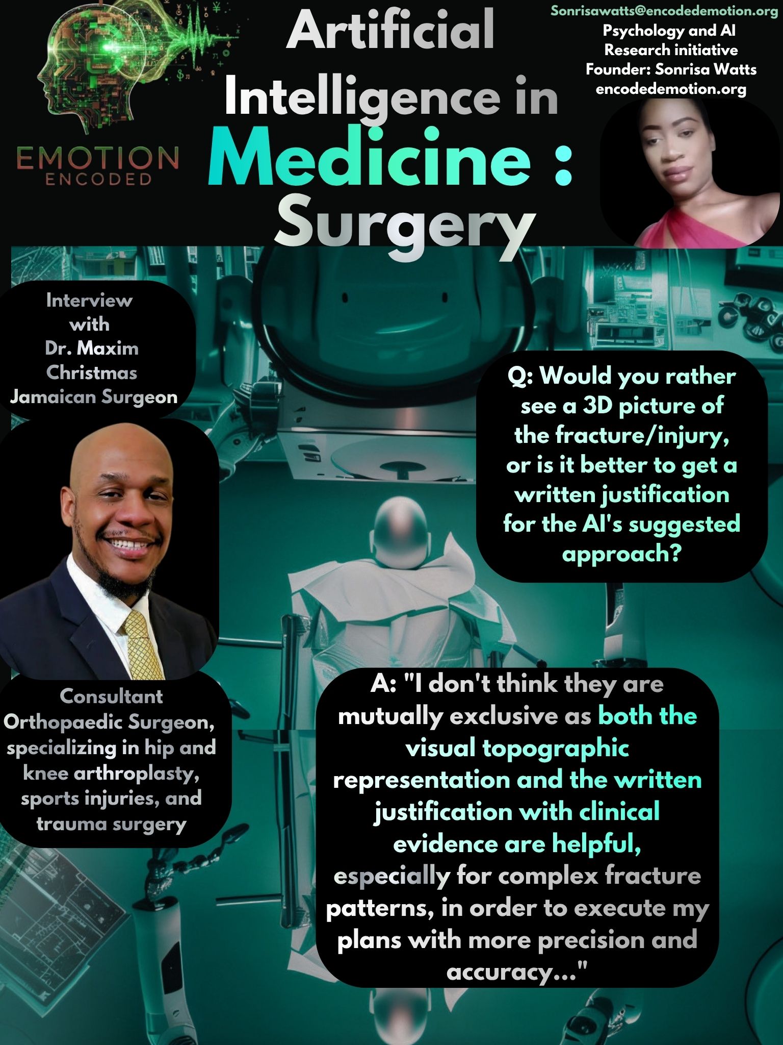 Sonrisa Watts Research:  Artificial Intelligence Driven Medicine - Surgery with Dr. Maxim Christmas - Surgeon in Jamaica - Emotion Encoded