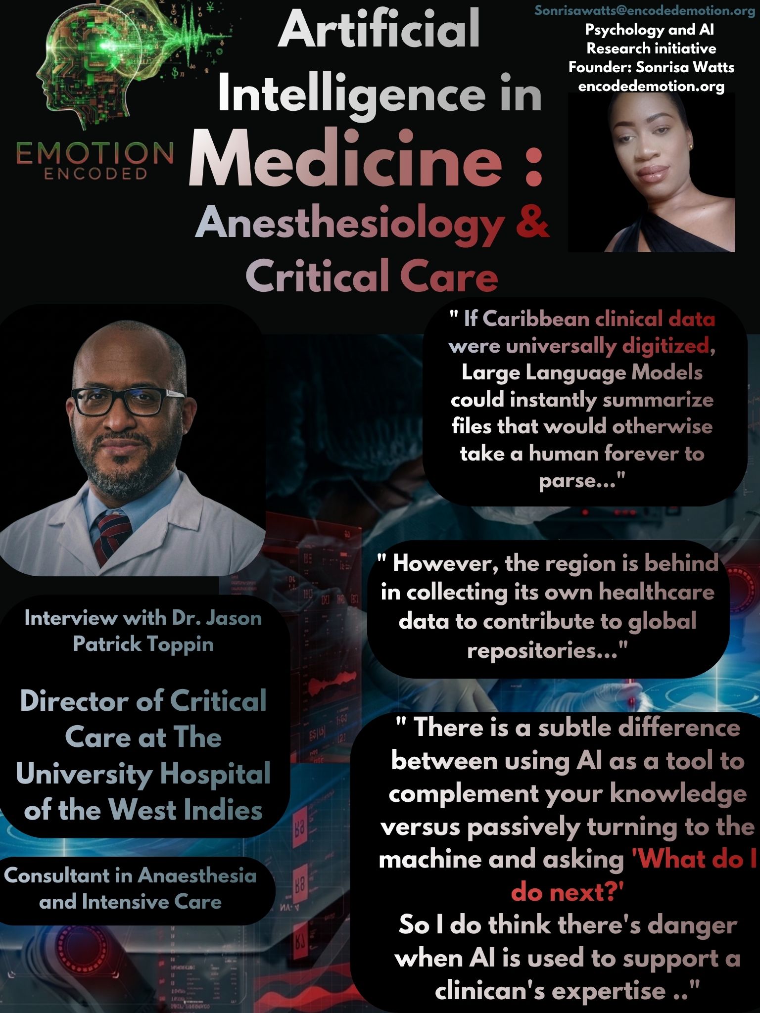 Sonrisa Watts Research: Artificial Intelligence in Medicine, Anesthesiology and Critical Care: Dr. Jason Patrick Toppin, Consultant Anesthesiologist & Critical Care Specialist - Emotion Encoded