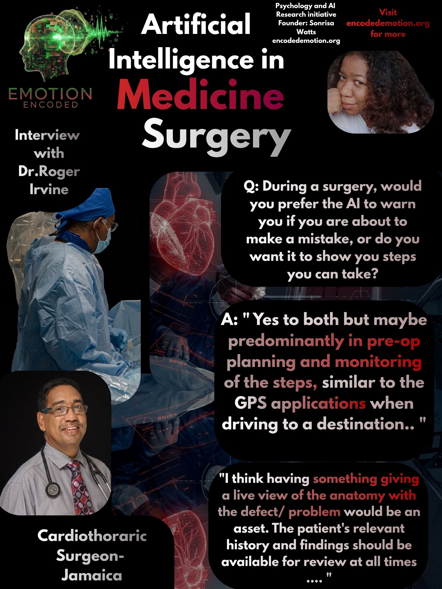 Sonrisa Watts Research: Artificial Intelligence Driven Medicine - Cardiothoracic Surgery with Dr. Roger W. Irvine - Surgeon in Jamaica - Emotion Encoded